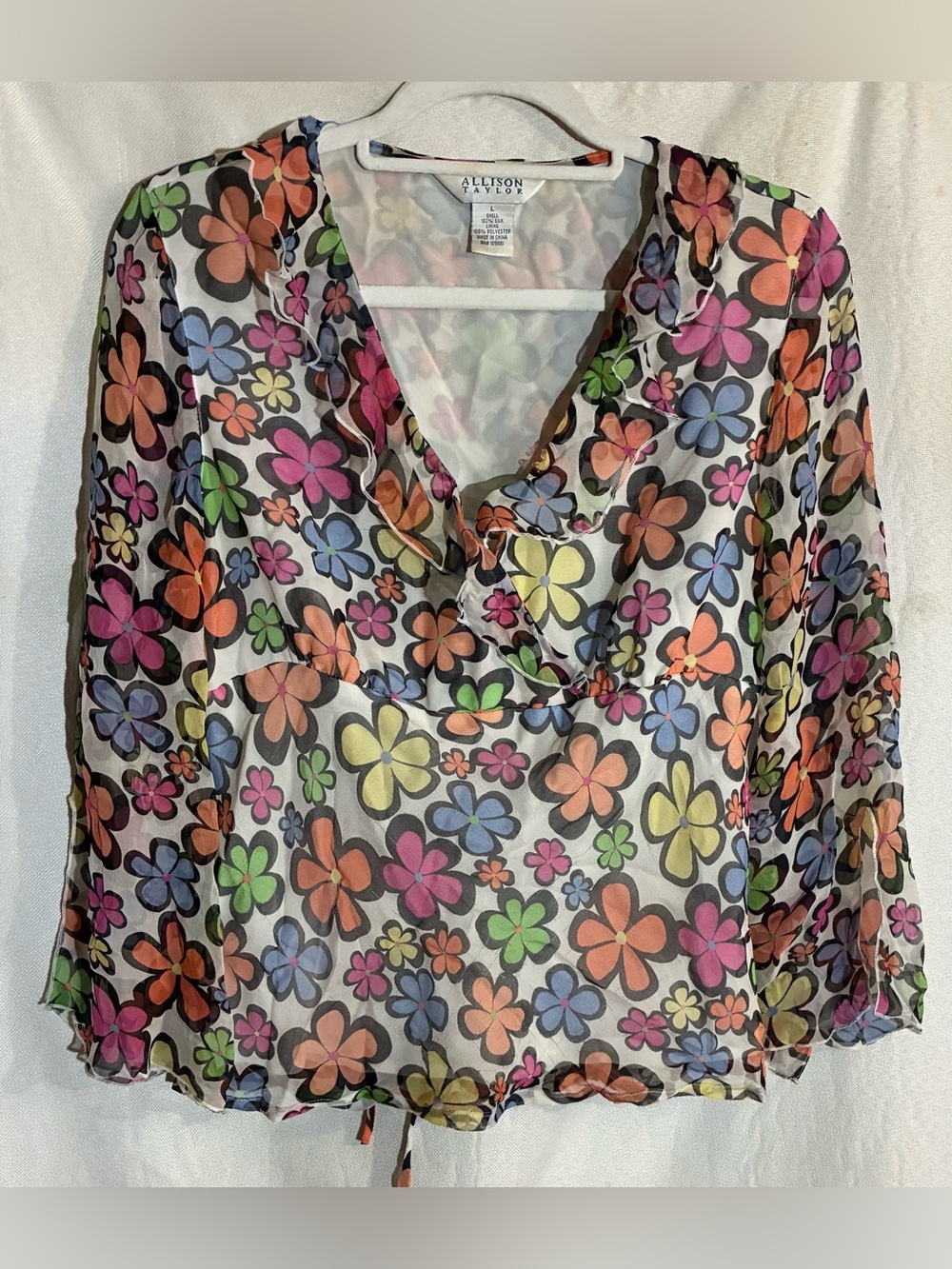 Allison Taylor Silk Hippie Flower Blouse Sz   L Shirt Sheer Festival Groovy